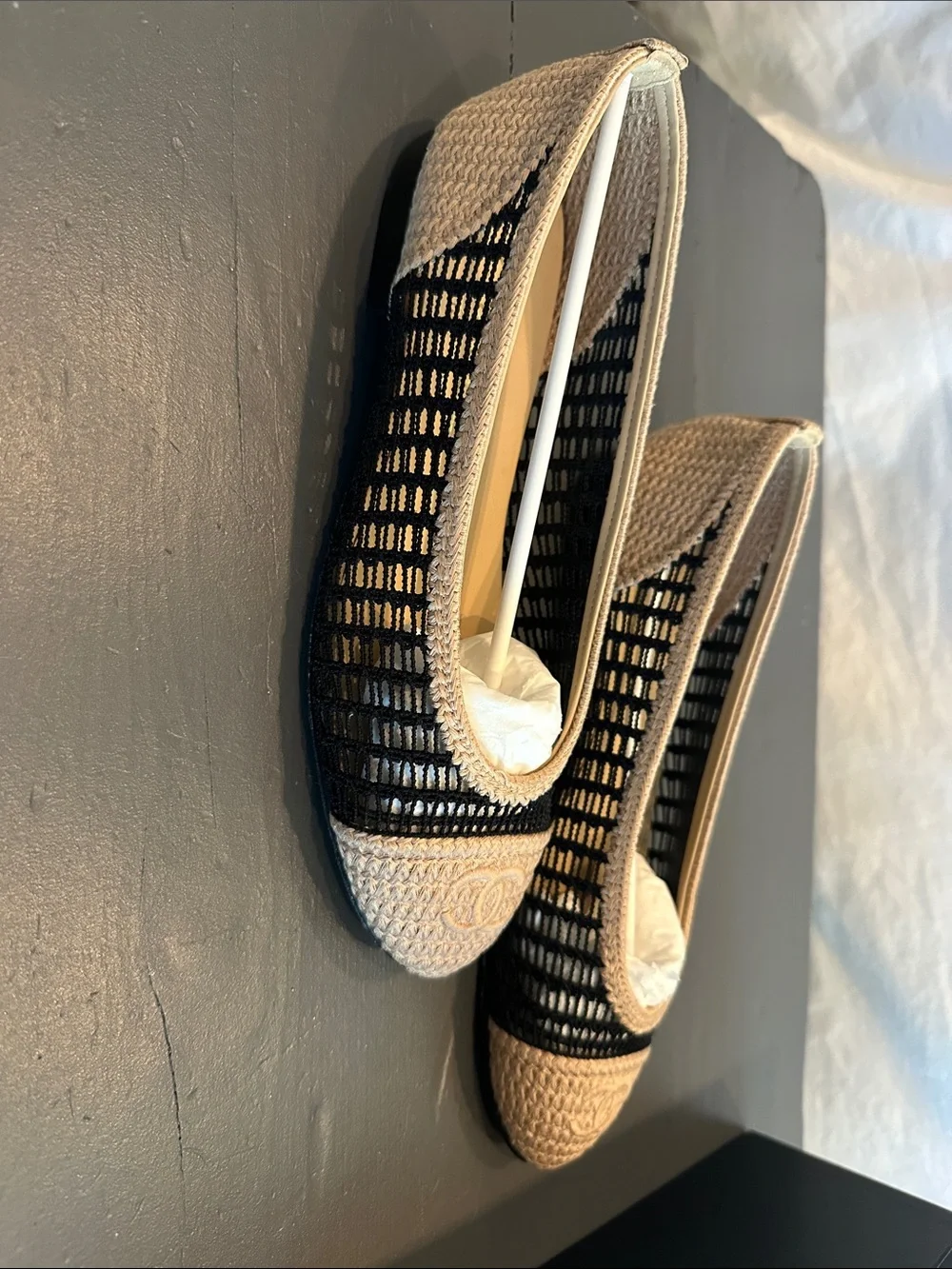 CHANEL Black and Beige Crochet Cap-Toe Ballet Flats